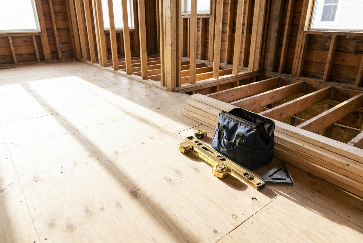 Canadian home renovation in progress at the timber wall framing stage in natural light