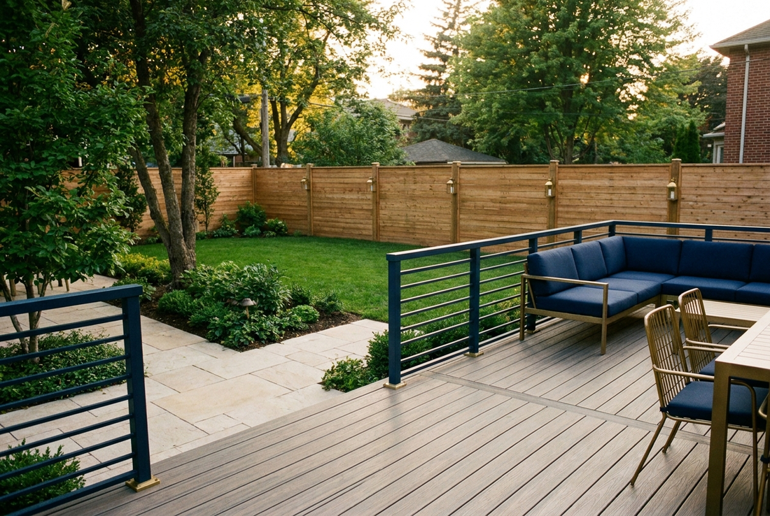 A renovated Canadian backyard with a composite deck, paved patio, landscaped beds, and a fence line at golden hour