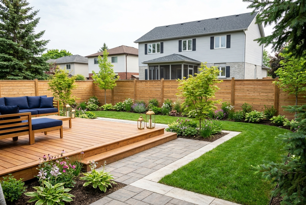A renovated Canadian backyard with a wood deck, interlock paver patio, cedar fence and landscaping behind a suburban home
