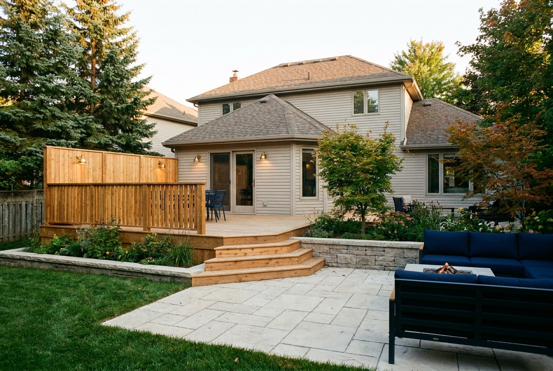 A renovated Canadian backyard with a raised wood deck, stone retaining wall, interlock patio and cedar fence behind a suburban home