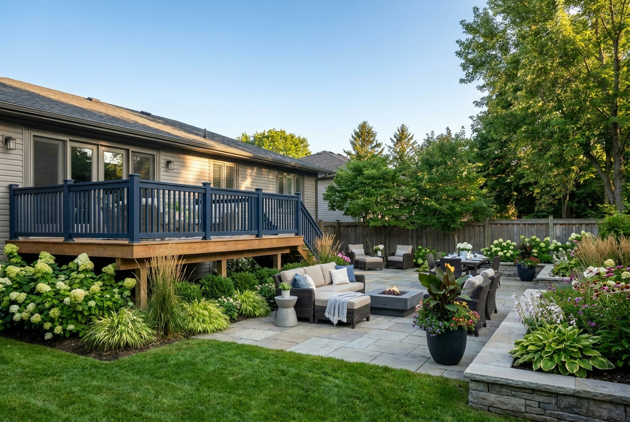 Finished Canadian backyard with raised deck, navy railing, stone patio and landscaped garden beds