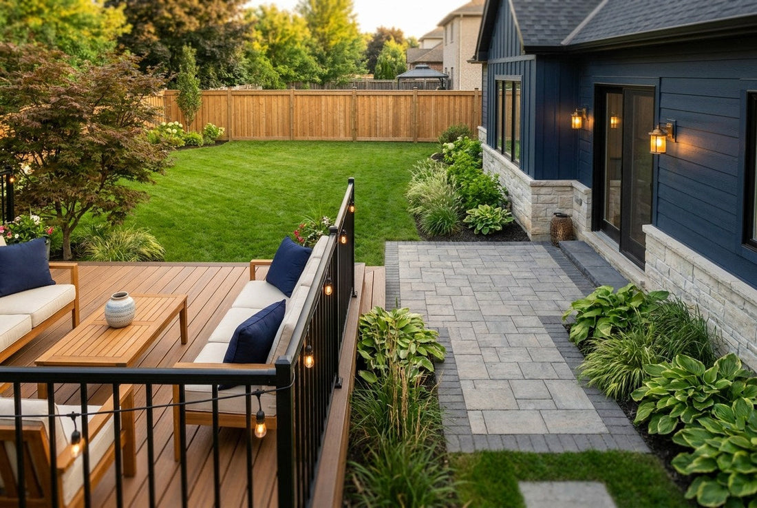 A finished Canadian backyard with a cedar and composite deck, styled outdoor furniture, an interlock paver patio, mature planting and a navy house exterior at dusk