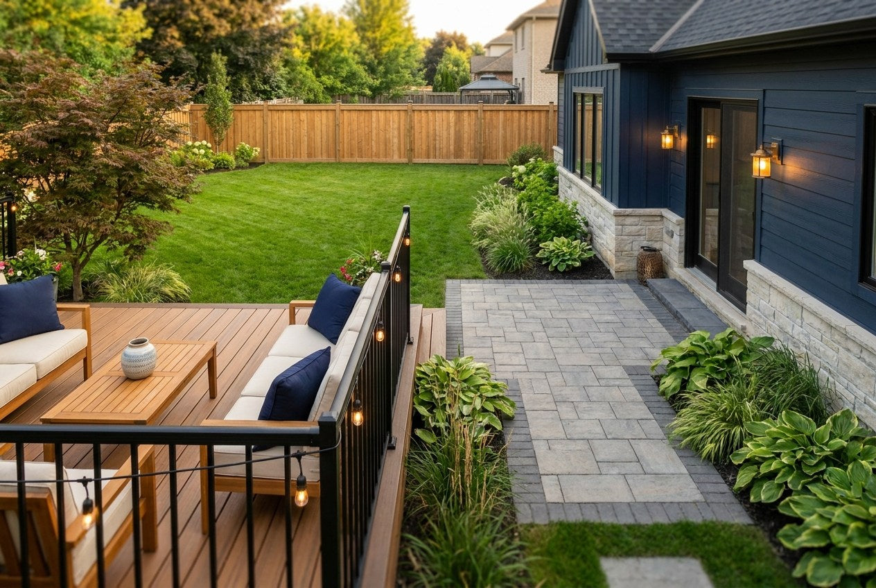 A finished Canadian backyard with a cedar and composite deck, styled outdoor furniture, an interlock paver patio, mature planting and a navy house exterior at dusk