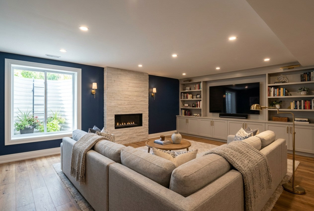 Fully finished basement family room with a large egress window and window well, a navy feature wall, brass sconces, a pale stone fireplace and oak floors