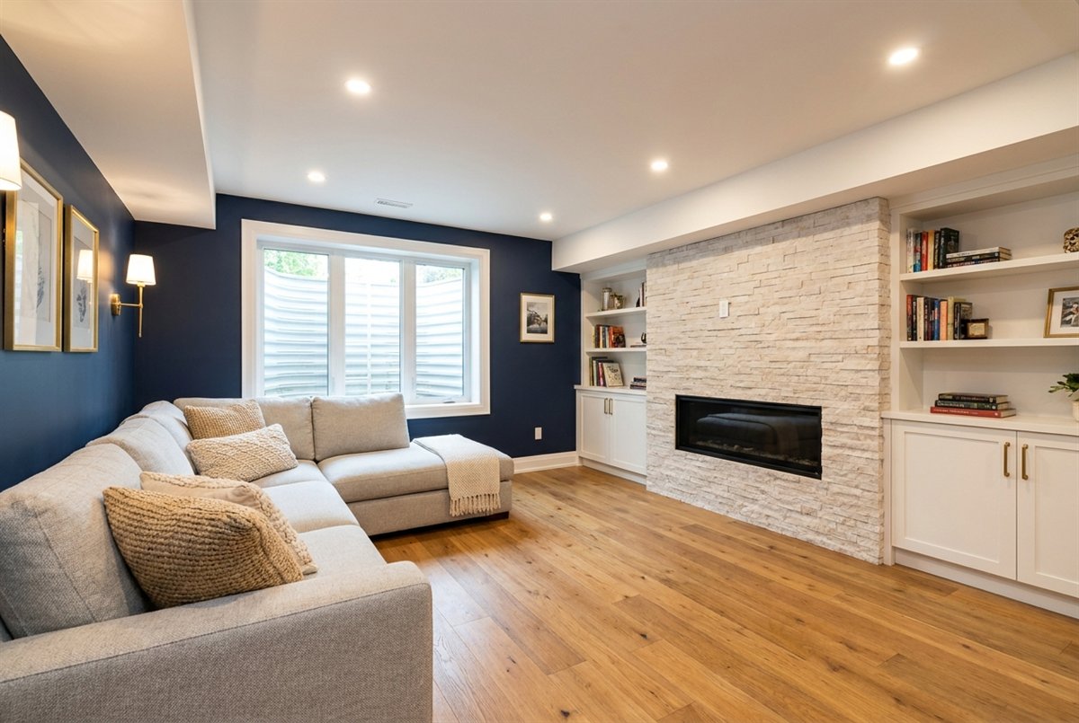 Fully finished Canadian basement family room with a navy feature wall, brass sconces, a pale stacked-stone fireplace, oak flooring and an egress window with a window well