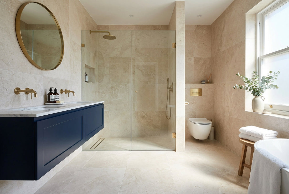 A well-planned renovated bathroom showing a clear layout with floating vanity, walk-in shower and toilet