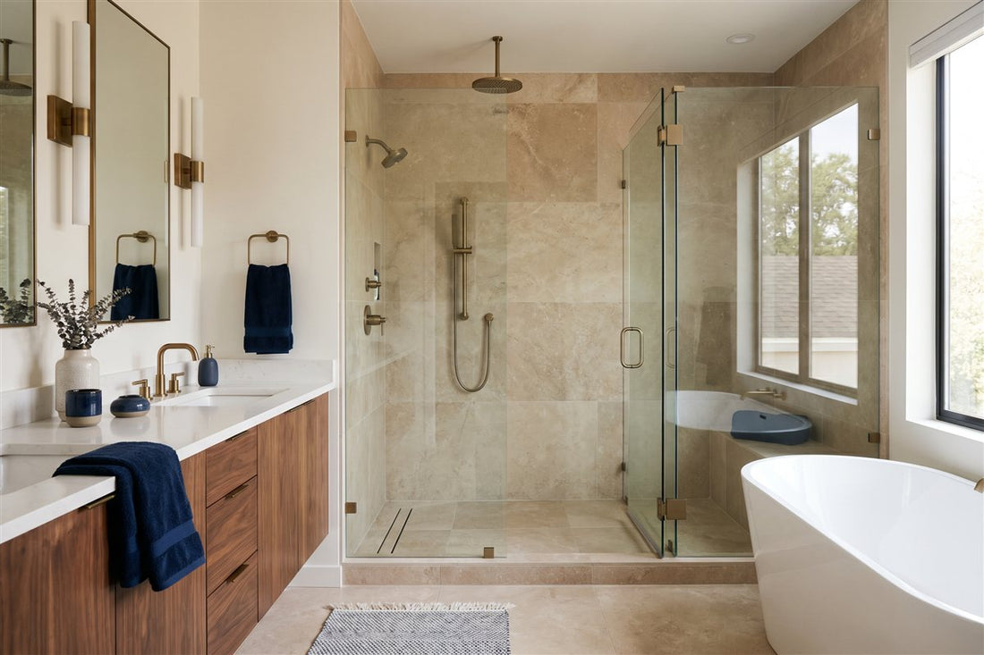 Remodeled American primary bathroom with a frameless glass walk-in shower and floating double vanity