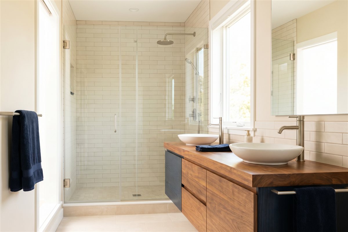 Remodeled American bathroom with a double vanity, glass walk-in shower and subway-tiled walls