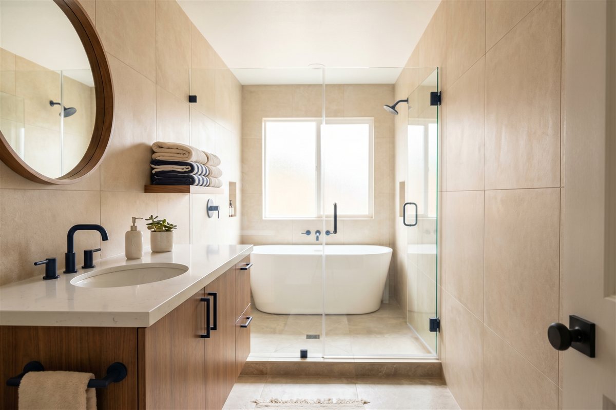 Remodeled American bathroom with a tub-and-shower combination, single vanity and tiled walls