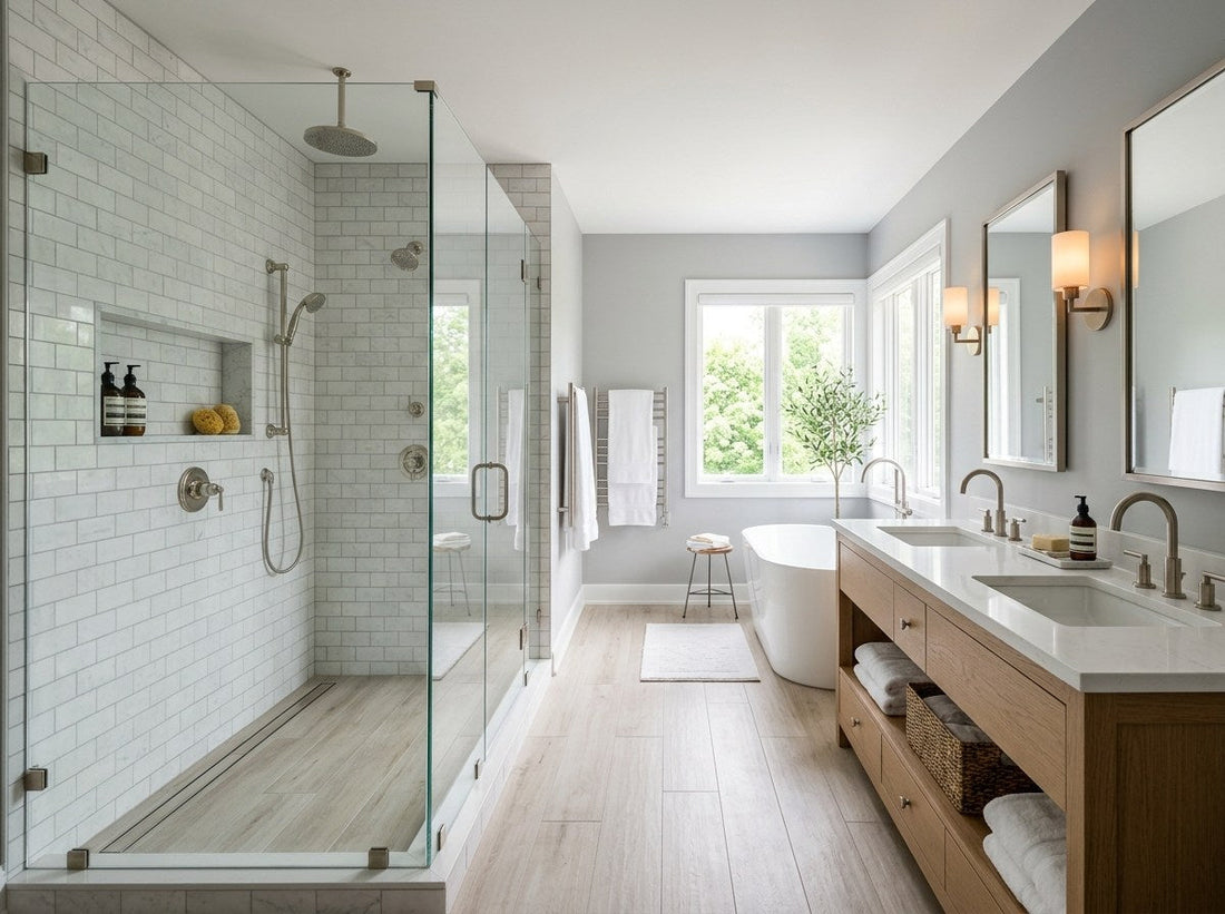 Renovated American bathroom with a tiled walk-in shower, double vanity and freestanding tub