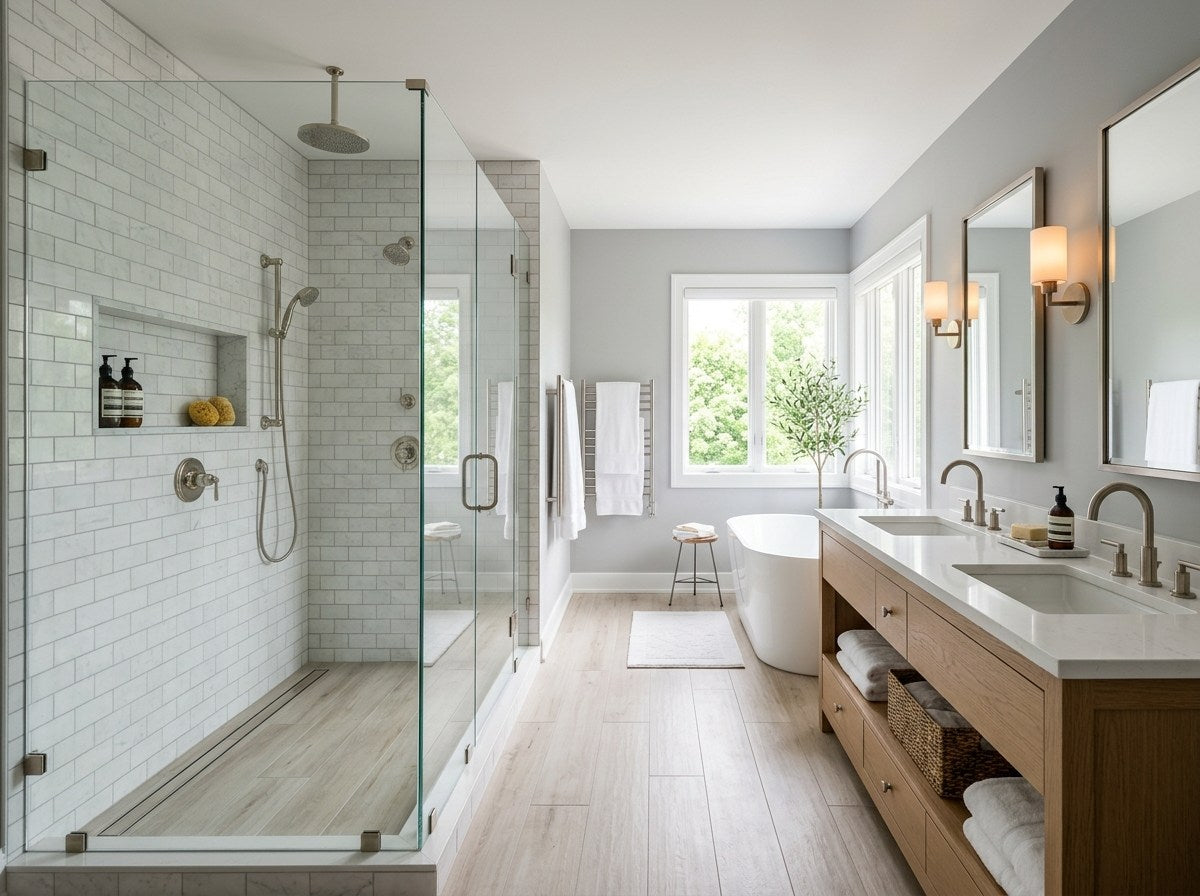 Renovated American bathroom with a tiled walk-in shower, double vanity and freestanding tub