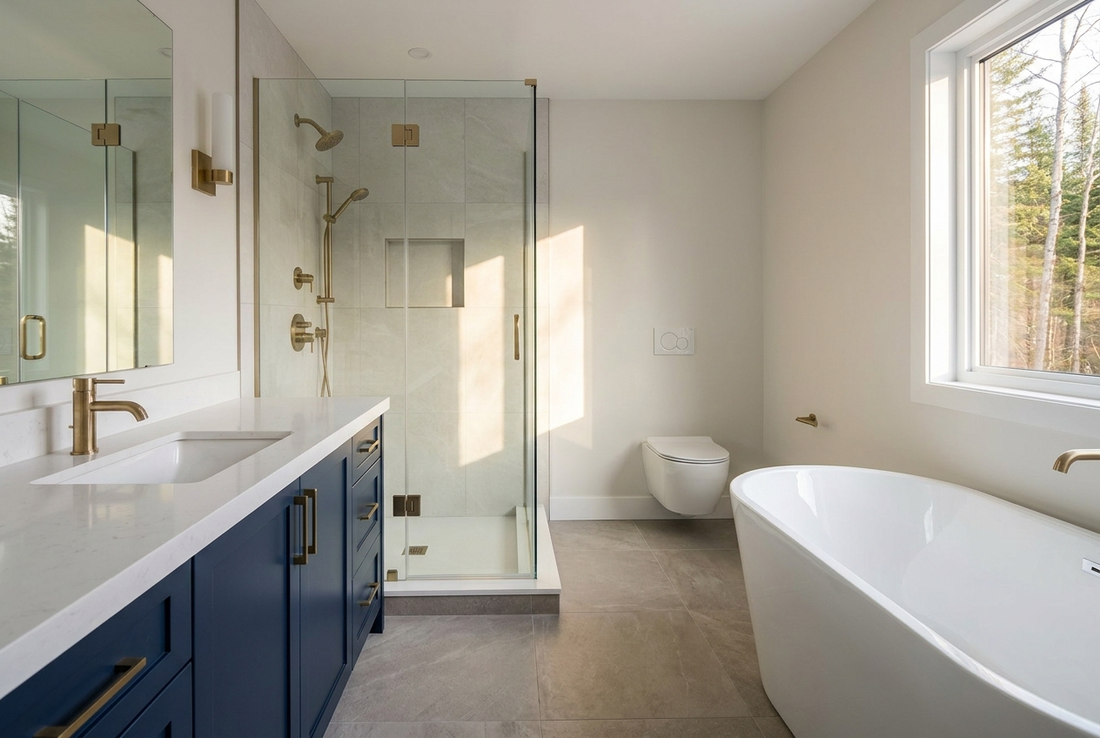 Renovated Canadian bathroom with a navy quartz-topped vanity, brushed brass faucet, a glass walk-in shower and a freestanding tub