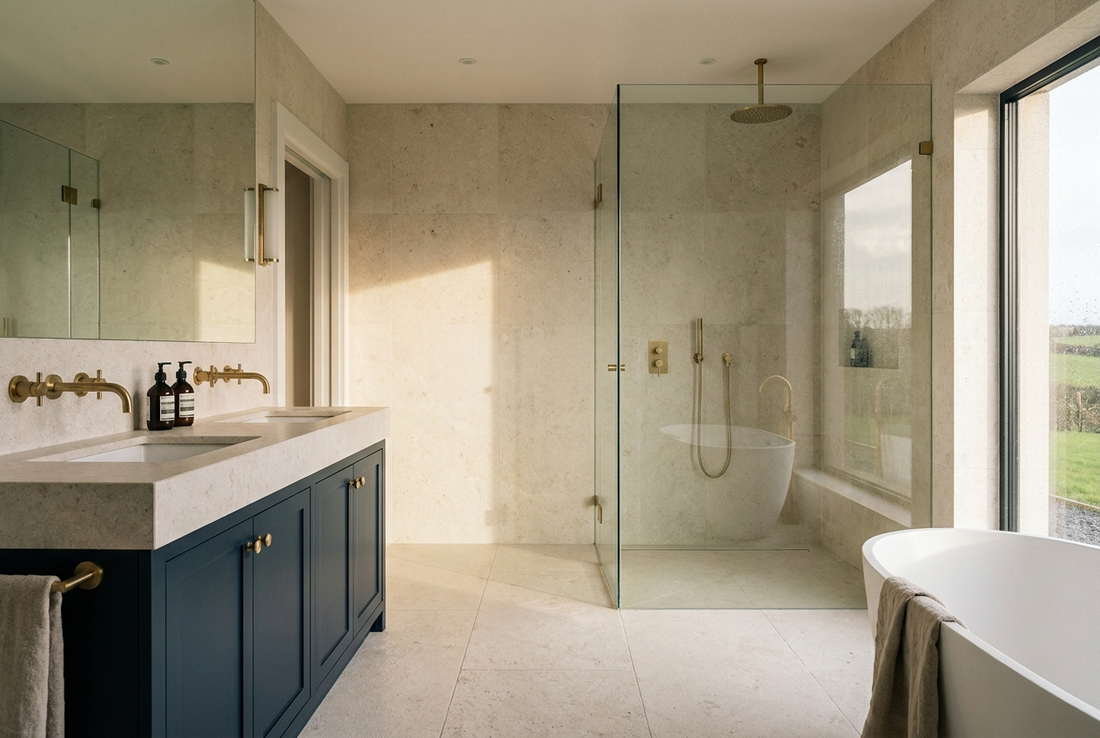 A modern Irish bathroom with pale stone tiles, a navy vanity and brushed brass taps