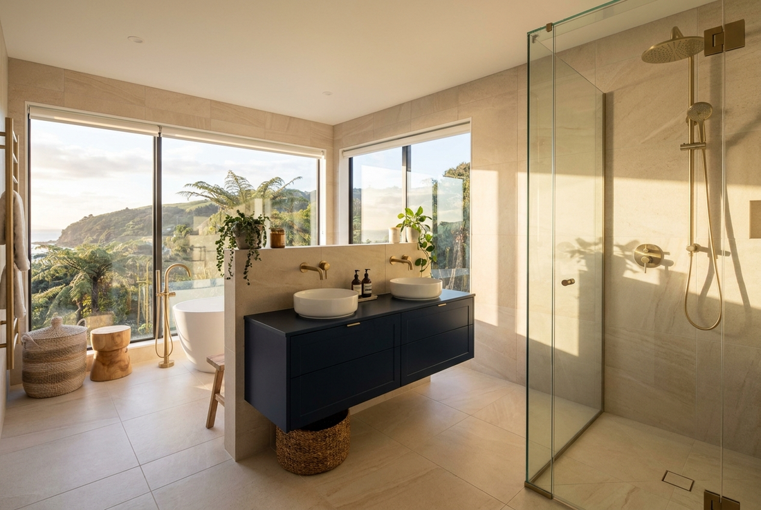 A modern New Zealand bathroom with pale stone tiles, a navy vanity and brushed brass tapware
