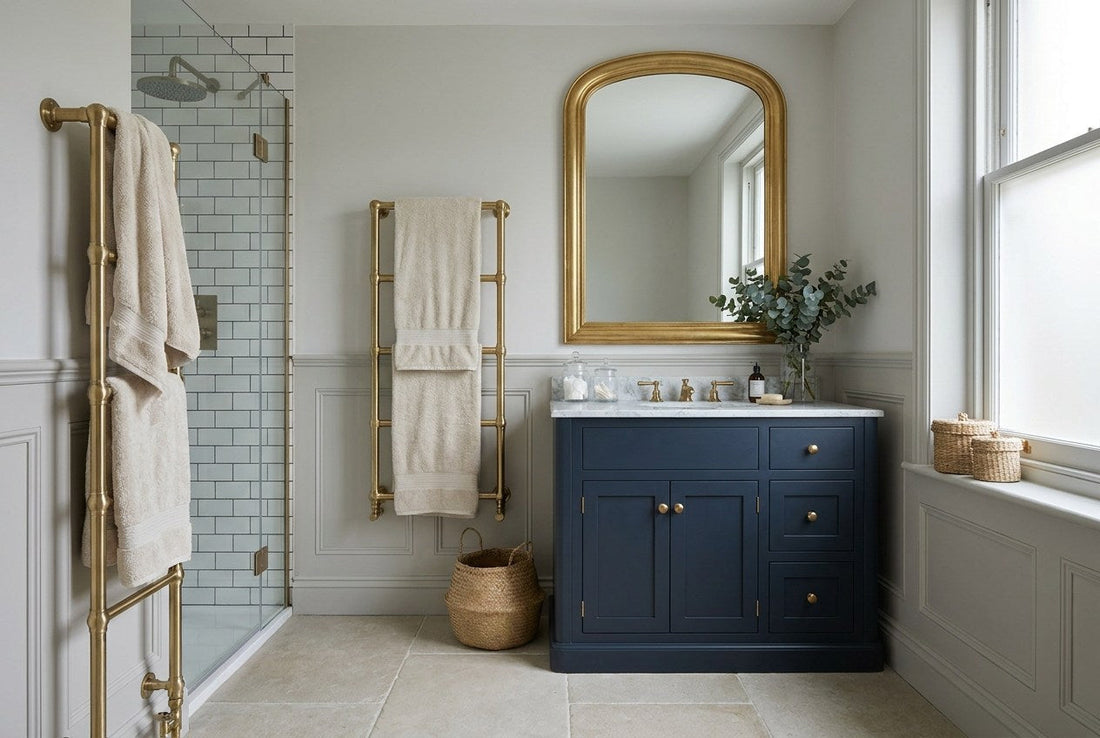 Renovated British bathroom with a navy vanity, brass taps, a heated towel rail and a metro-tiled walk-in shower