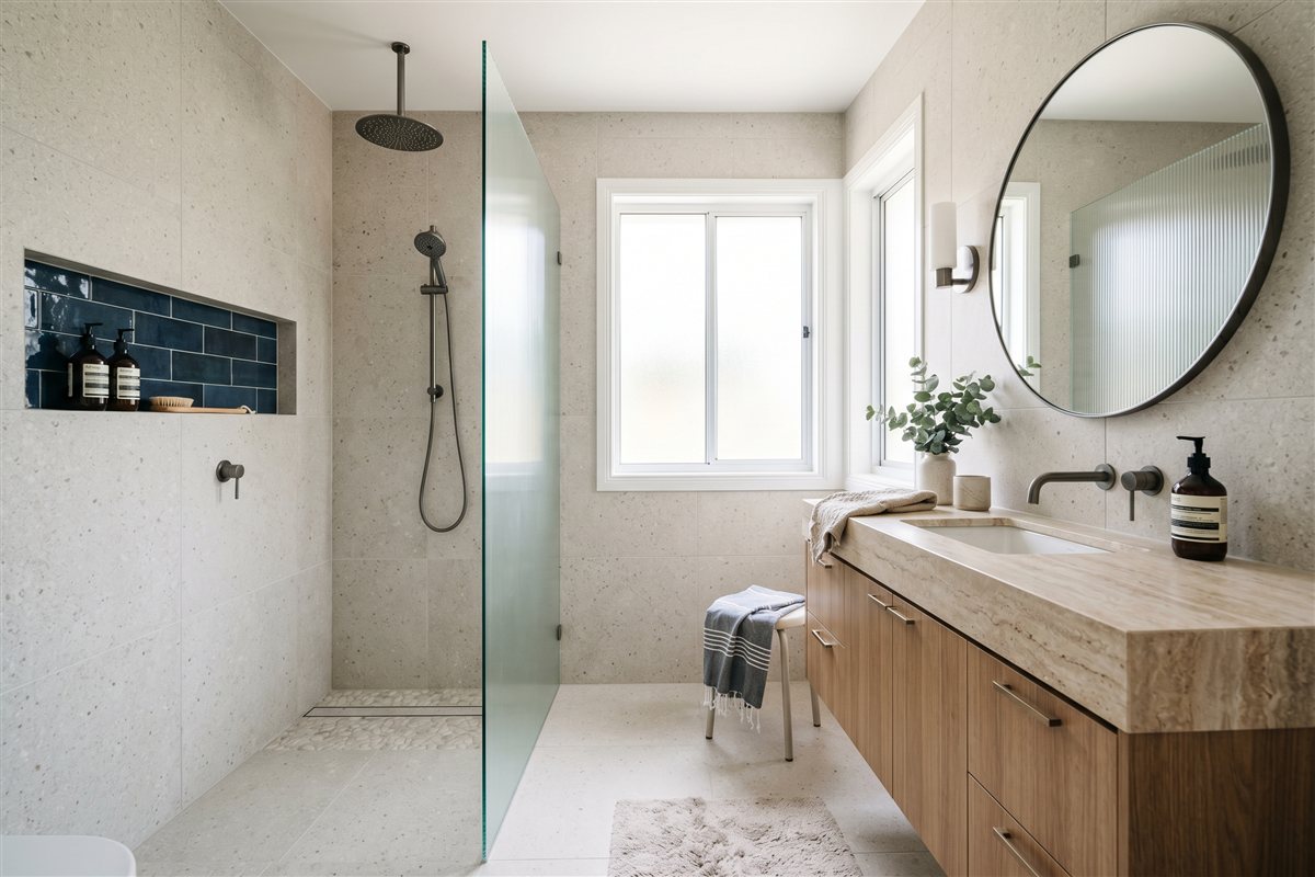 Renovated Australian bathroom with a frameless walk-in shower, stone-topped vanity and large-format tiles