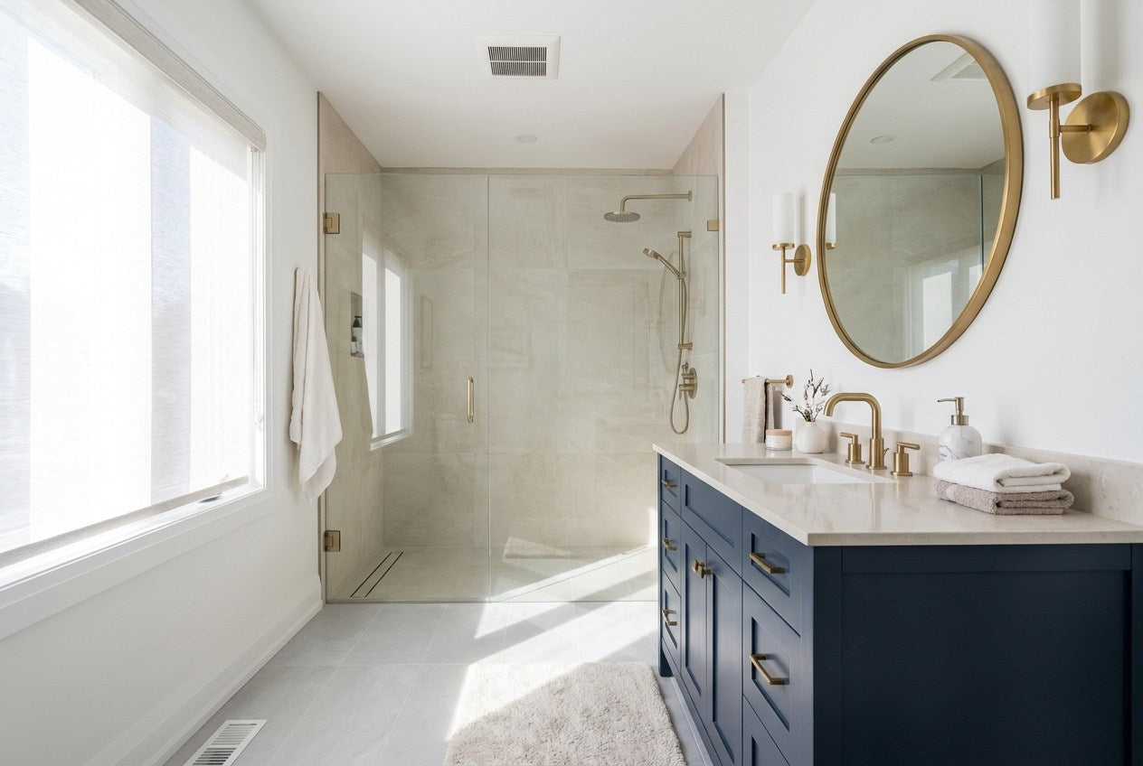 Renovated modern Canadian bathroom with a navy vanity, brass tapware and a frameless walk-in shower