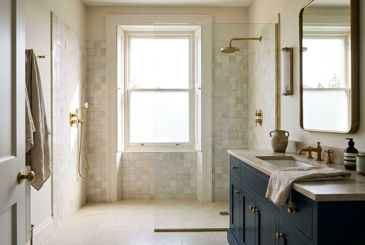 Renovated Irish bathroom with tiled walk-in shower and vanity unit