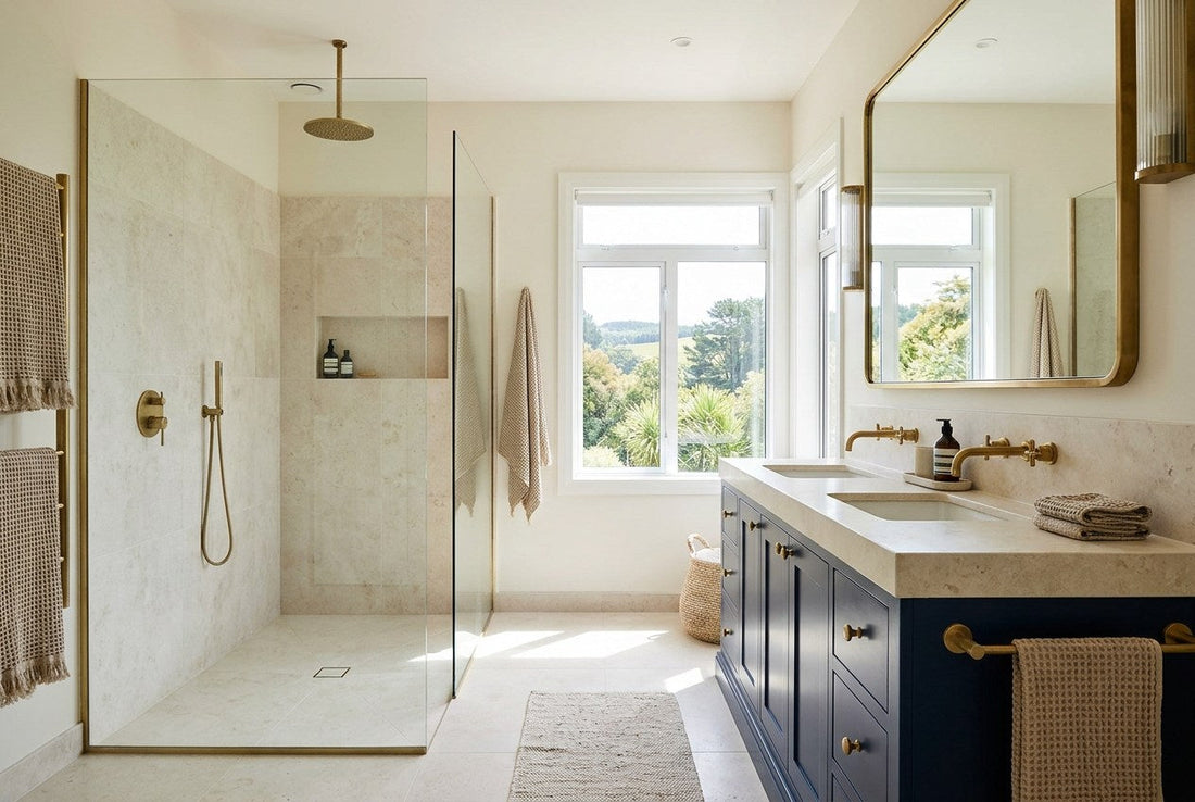 New Zealand bathroom renovation with tiled shower and vanity
