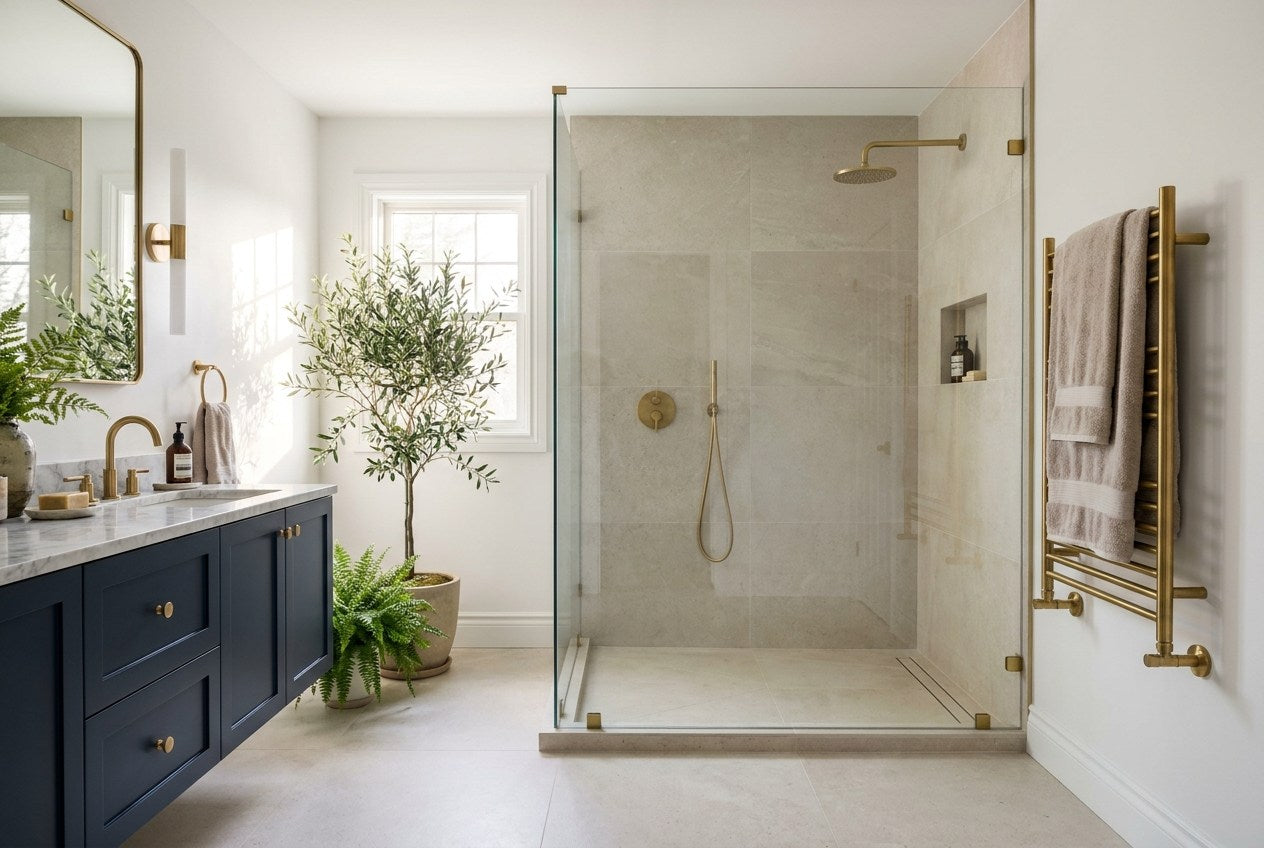 Renovated Canadian ensuite with a navy floating vanity, brass fixtures and a frameless walk-in shower