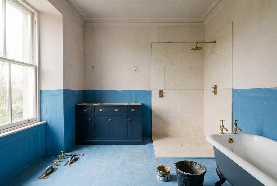 Irish bathroom renovation showing tanking and tiling before fit-out