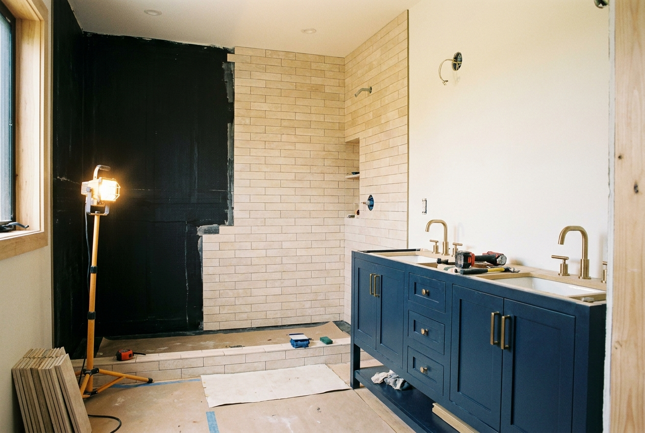 Canadian bathroom during fit-out showing tiling over a waterproofing membrane and a navy vanity with brushed brass taps