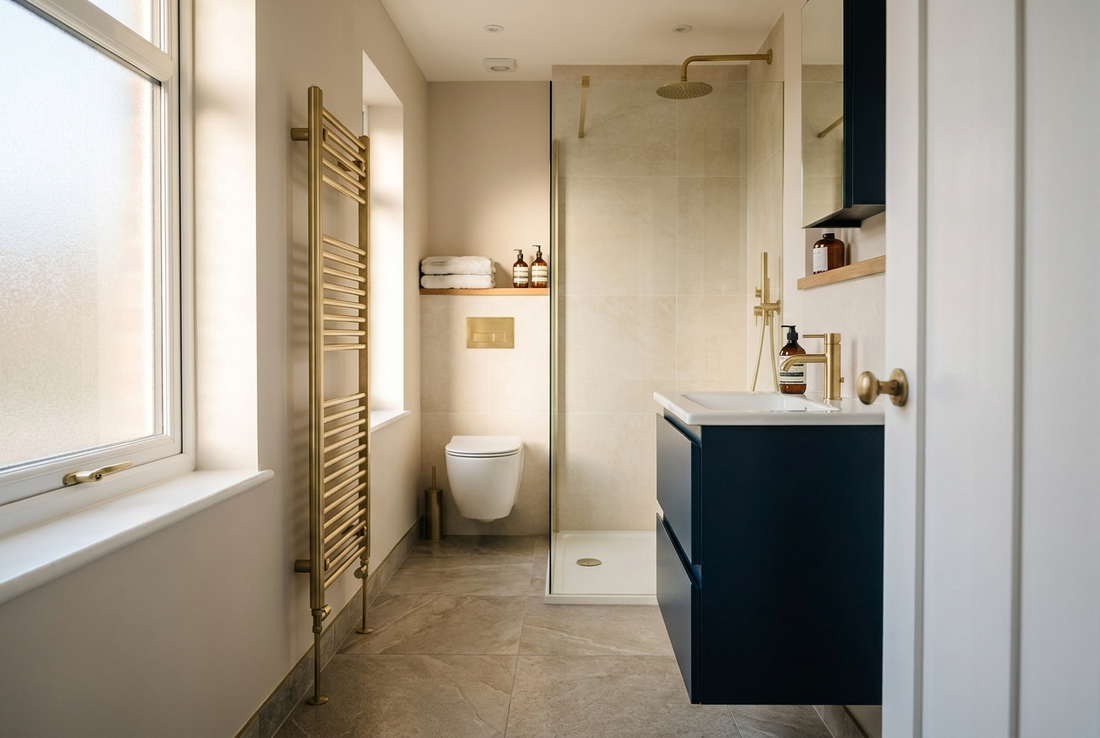 Renovated British bathroom with a navy vanity, brushed brass taps, a frameless walk-in shower and a heated towel rail