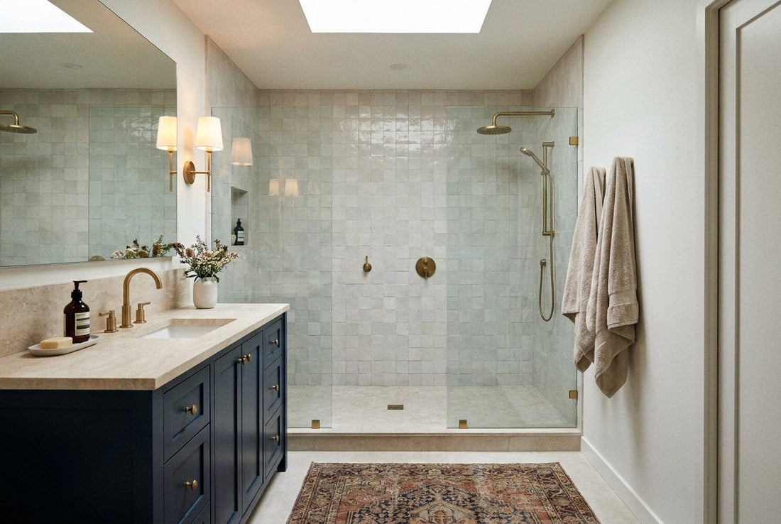 Renovated bathroom with a navy vanity, brass tapware and a tiled walk-in shower