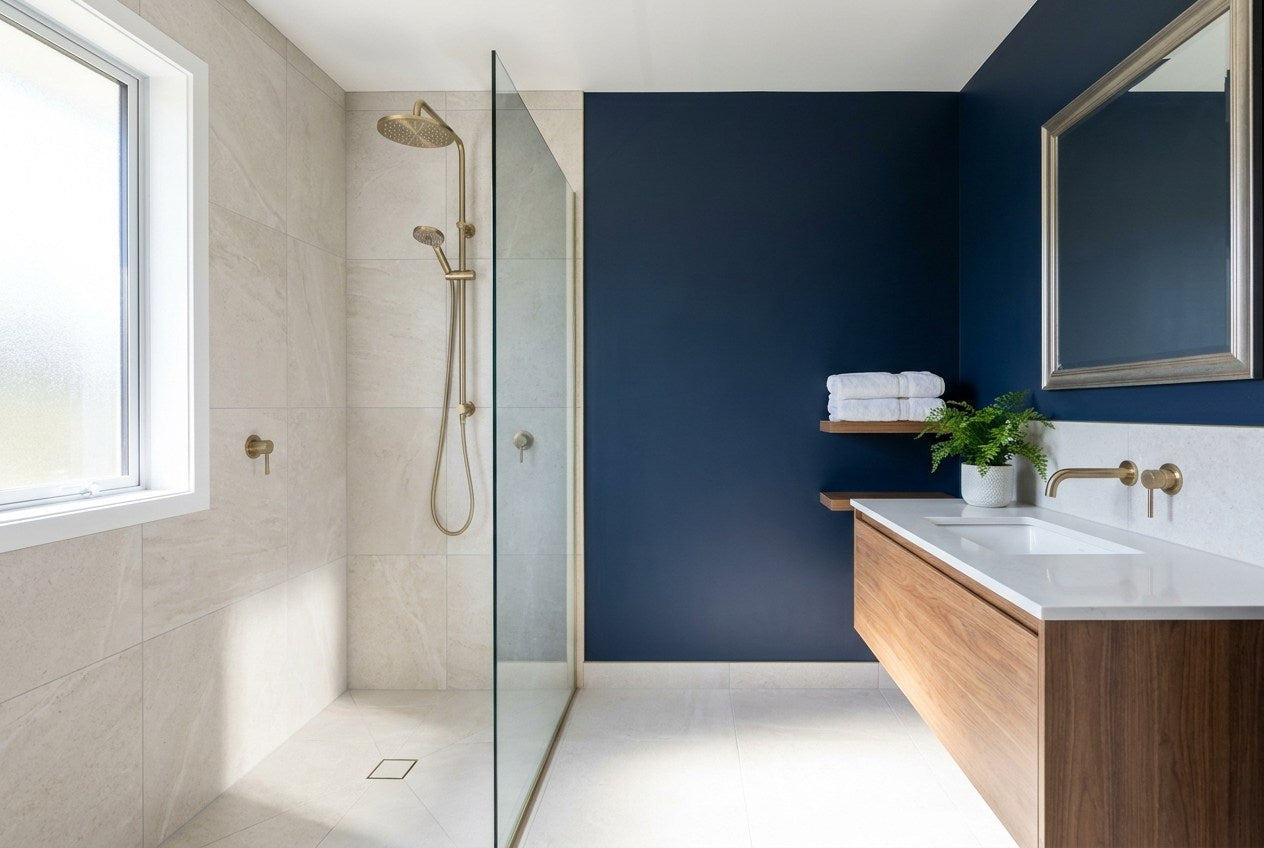 Finished New Zealand bathroom renovation with tiled walk-in shower, glass panel, floating timber vanity, brass tapware and navy feature wall