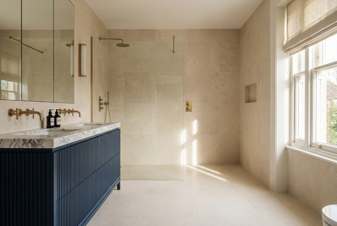Finished modern British bathroom with floor-to-ceiling pale tiling, a navy vanity with brushed brass taps and a glass shower screen