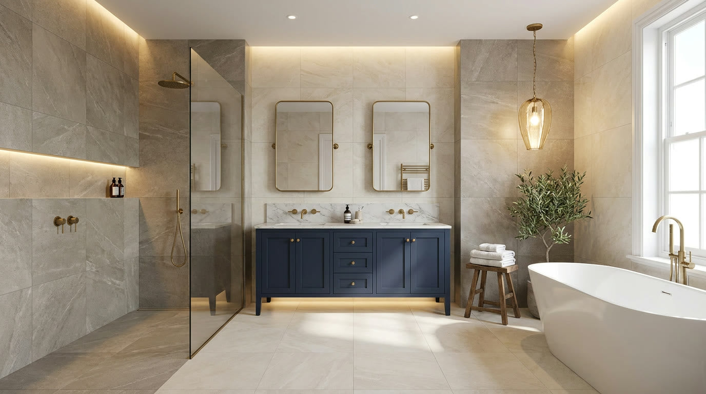 Fully renovated bathroom in Ireland with tiled walls and floor, walk-in shower, and freestanding bath