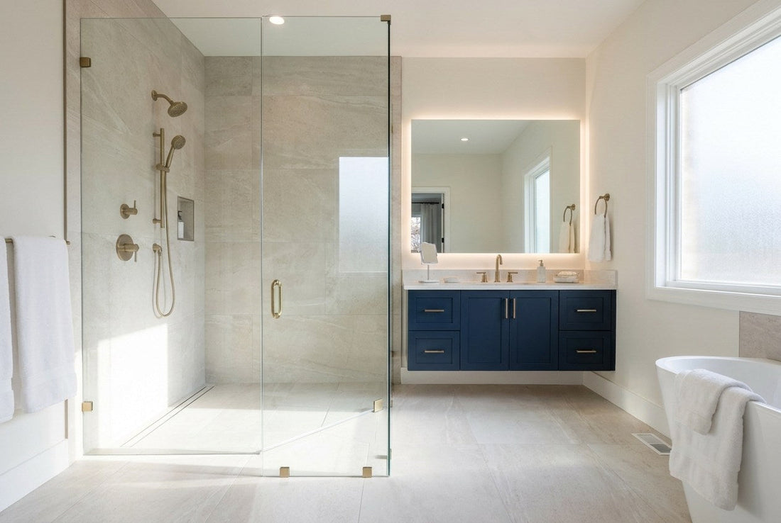 A modern American bathroom with large-format pale tile and a navy vanity