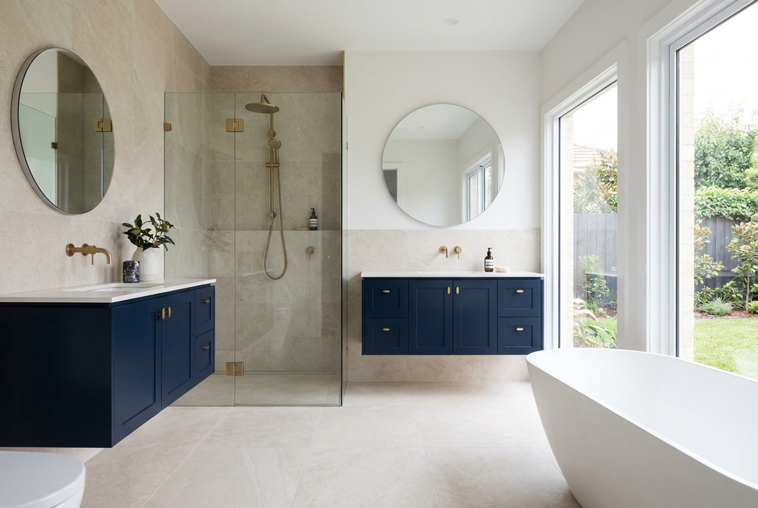 Modern Australian bathroom with large-format pale porcelain floor tiles, a walk-in shower and a navy vanity with brushed brass tapware