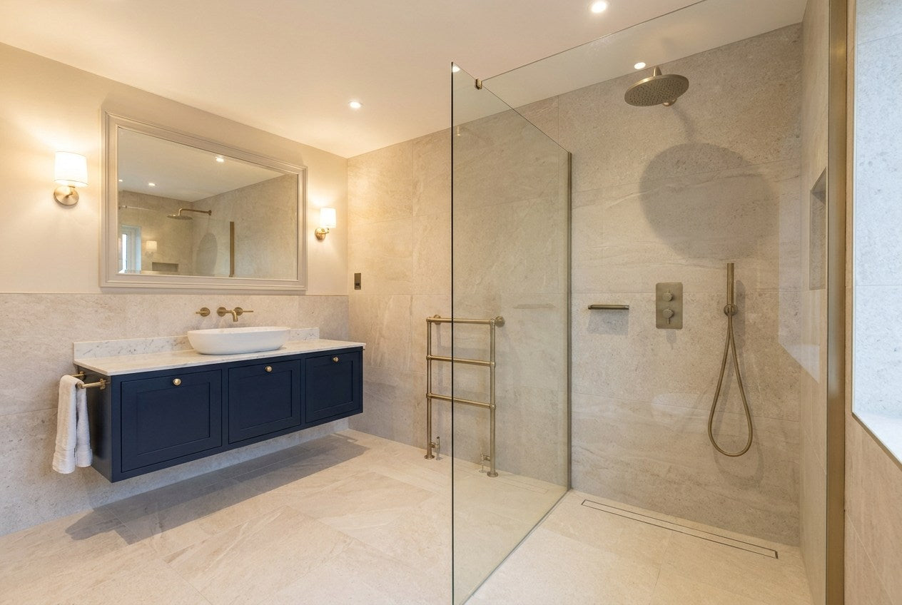 Renovated UK bathroom with porcelain tiles, a navy vanity and brass taps