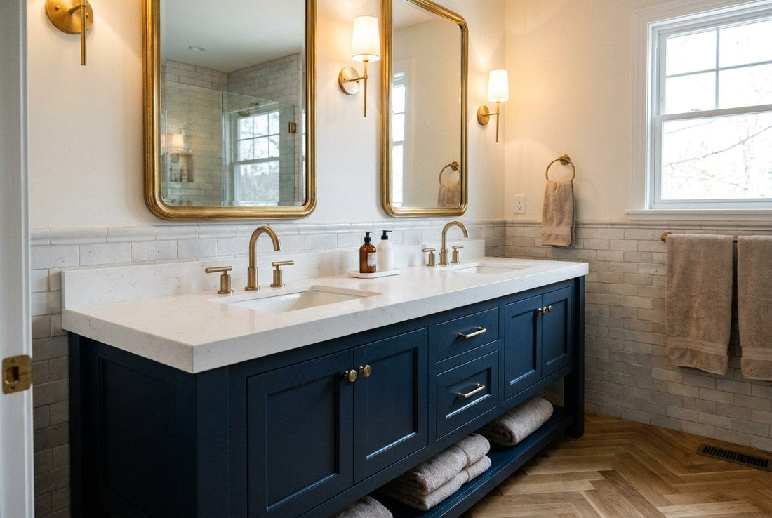 Renovated American bathroom double-sink vanity with navy cabinetry and brass faucets