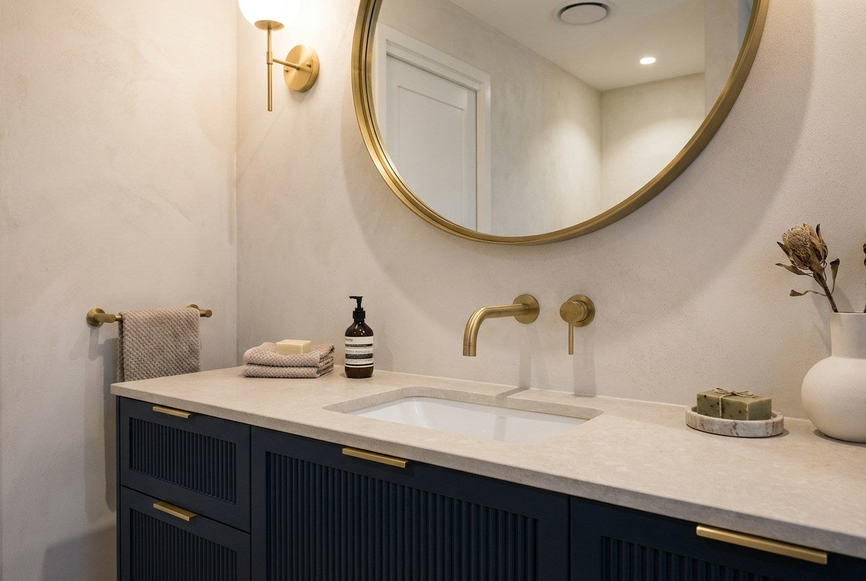Renovated bathroom vanity with a navy cabinet, brass tapware and a pale stone top