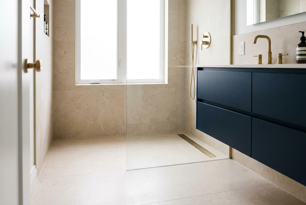A renovated Canadian bathroom with a curbless tiled walk-in shower draining to a linear drain, navy vanity, and brass fixtures