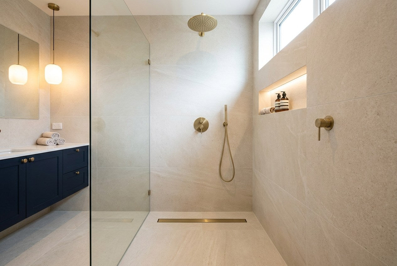 Renovated tiled walk-in shower with brass fittings and a navy vanity