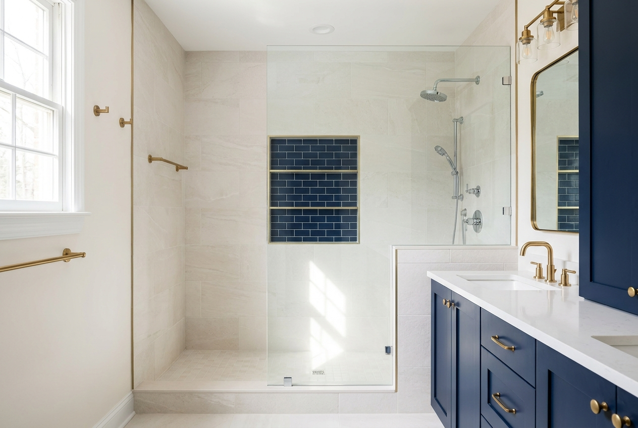 A renovated American bathroom with a tiled walk-in shower, glass screen, recessed niche and brass fixtures