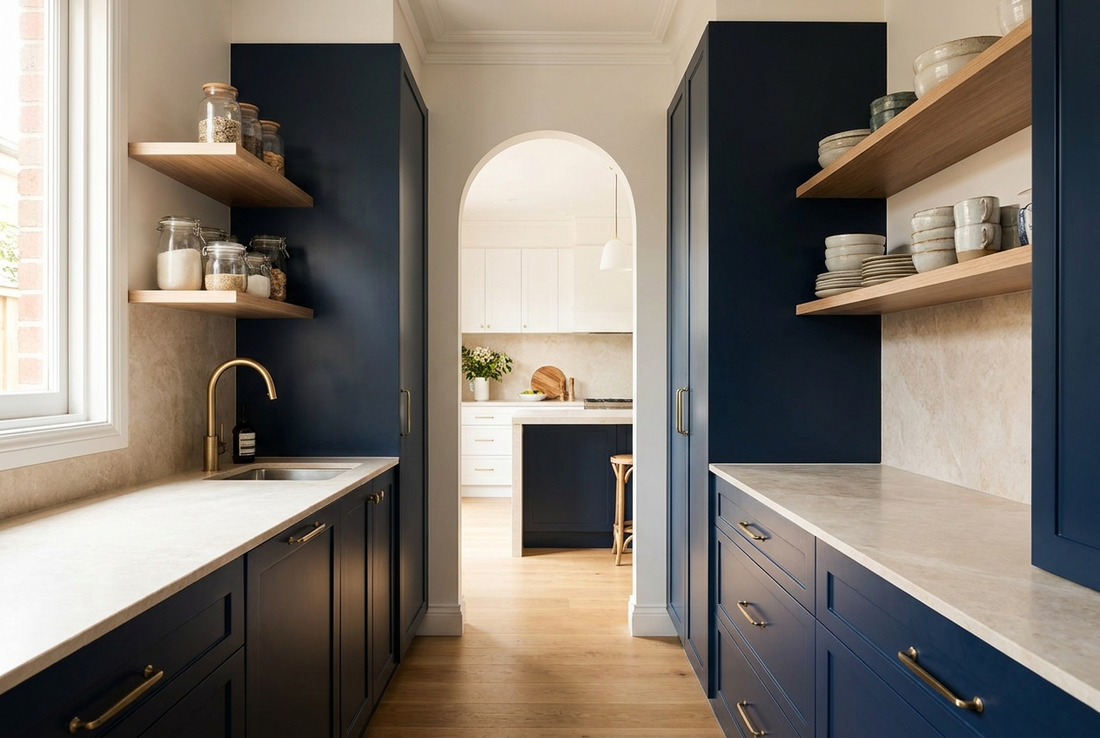 Renovated Australian butler's pantry with navy cabinetry, brass handles, and a pale stone benchtop