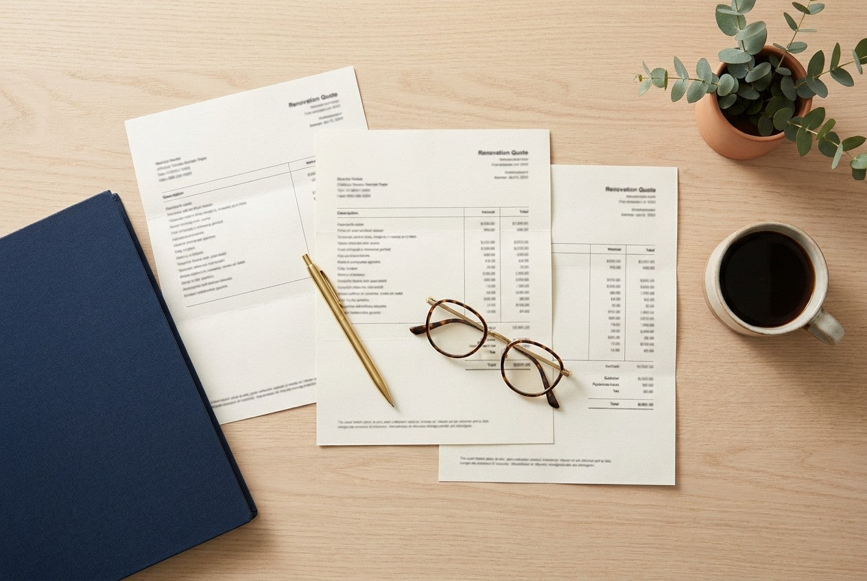 Three printed renovation quotes laid side by side on an oak table with a brass pen, glasses and eucalyptus, ready to compare