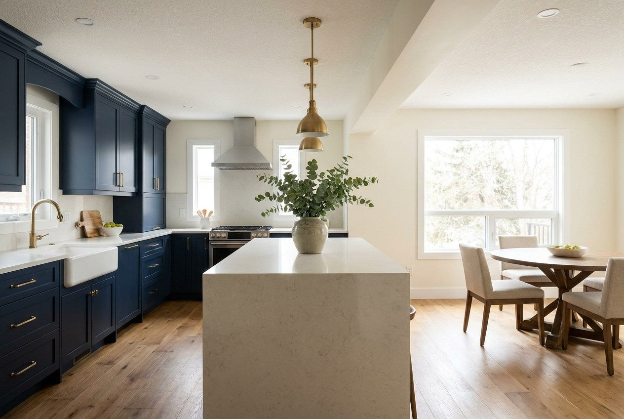 Finished renovated Canadian kitchen and dining space with navy cabinetry, brass hardware, and pale stone island