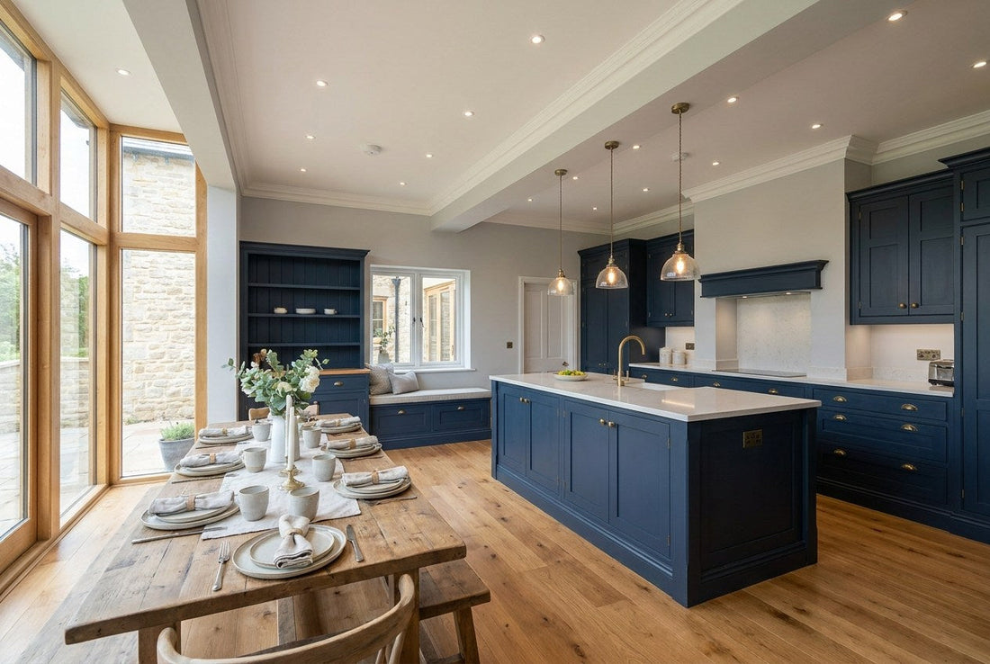 Finished open-plan Irish kitchen and dining renovation with navy shaker cabinetry and island, brass handles, tap and pendant lights, pale stone worktop and oak flooring