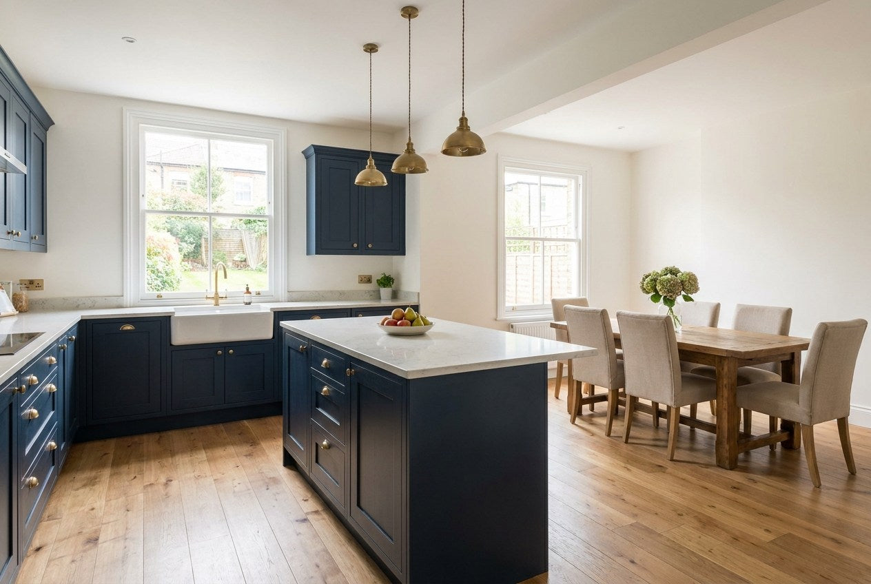Renovated British kitchen and dining room with navy shaker cabinetry, brass pendants and oak dining table