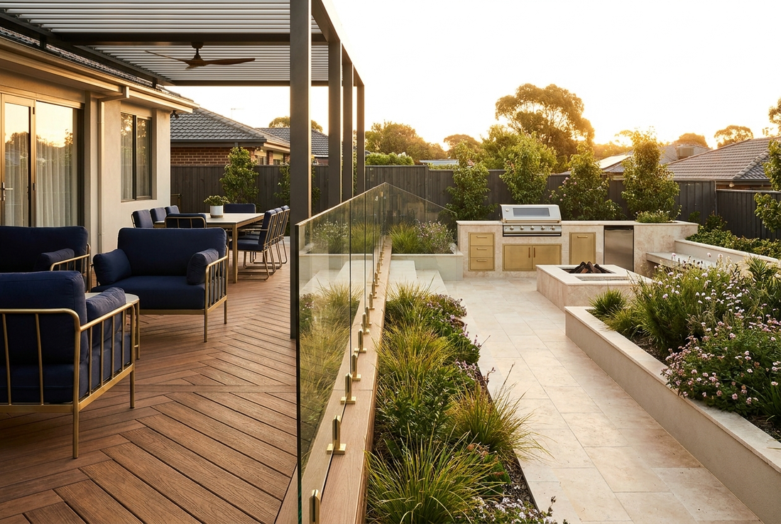 Fully finished premium composite decking with glass balustrade and navy and brass outdoor styling in an Australian backyard