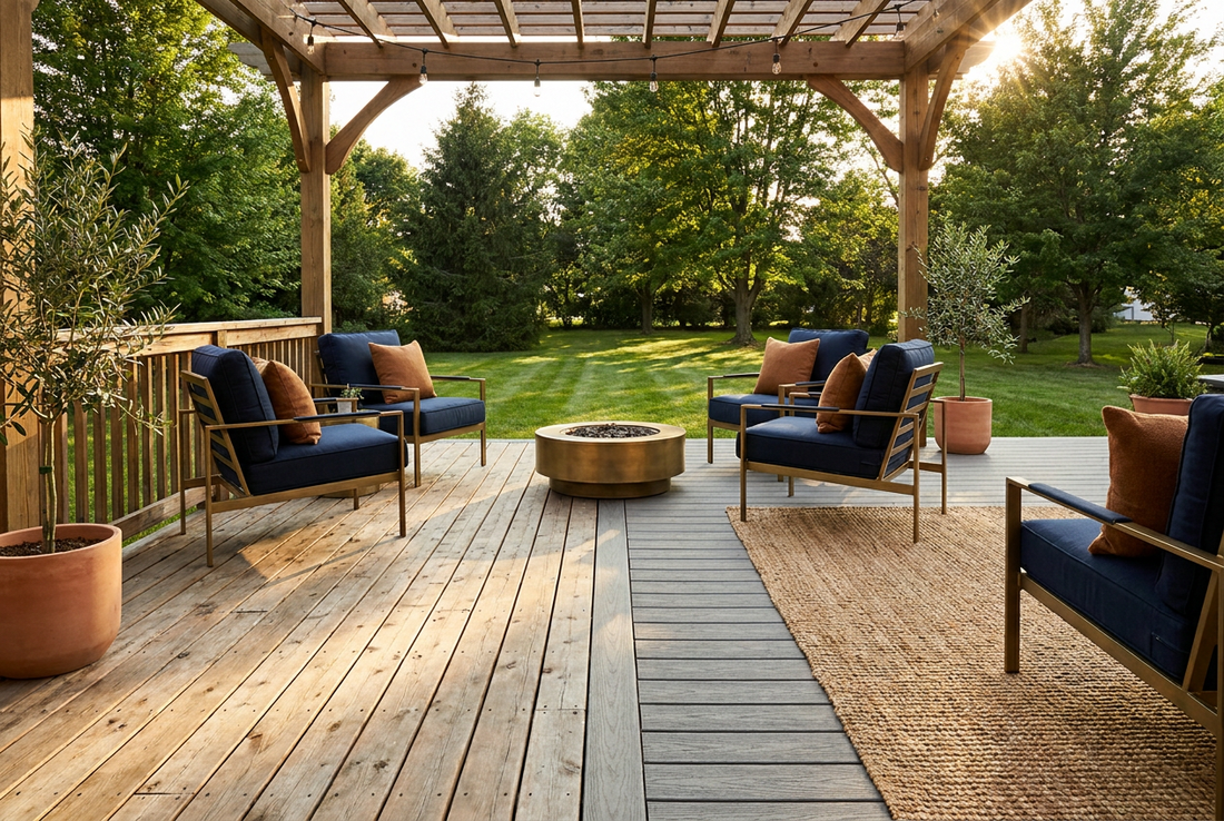 Modern American backyard deck where natural wood boards meet composite boards in warm sunset light