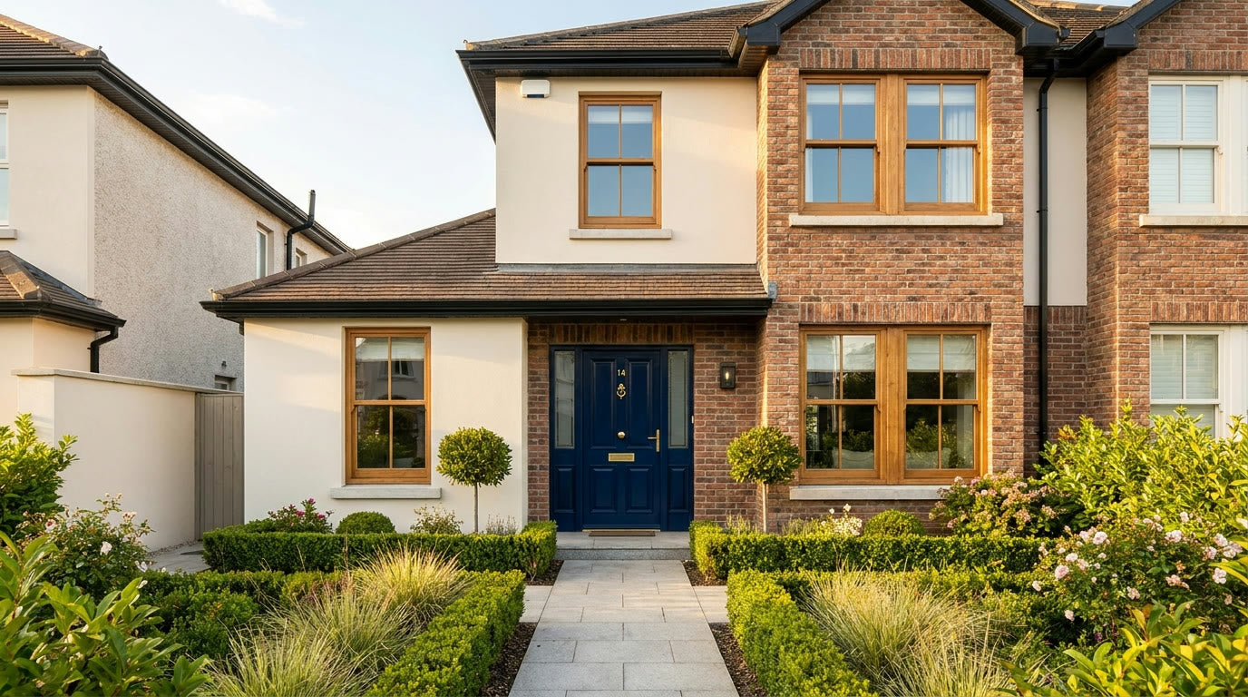 Fully renovated Irish semi-detached house exterior with navy front door and brass hardware