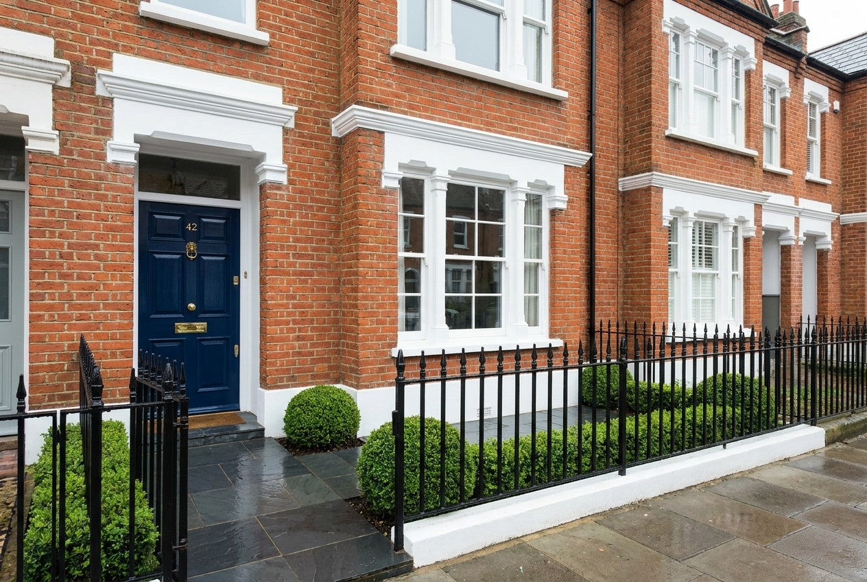 Fully renovated British Victorian terraced house with red brick facade, navy front door and brass hardware