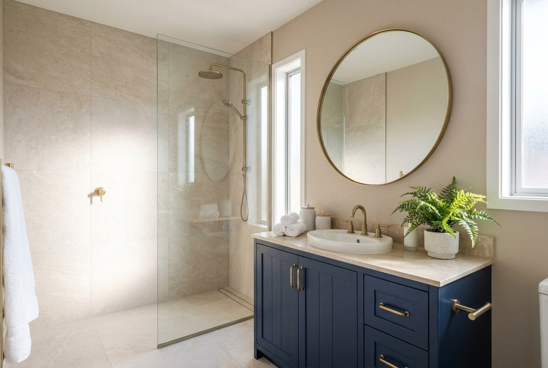 Finished New Zealand bathroom with a tiled walk-in shower, pale stone floor tiles, navy vanity and brushed brass fixtures