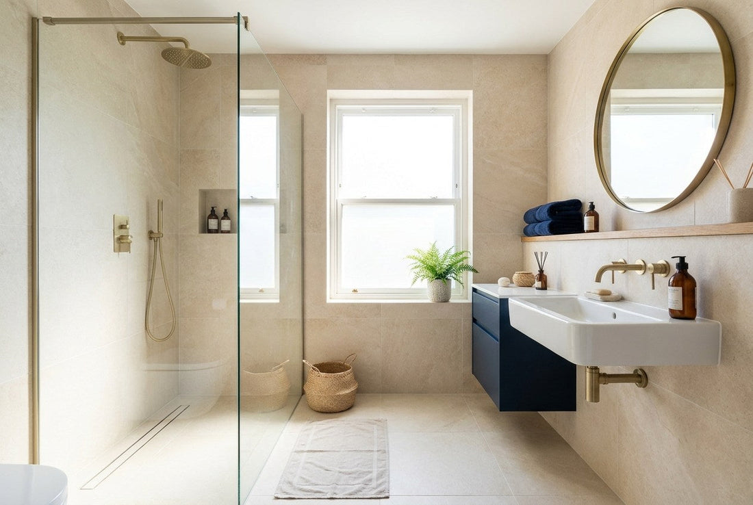 A finished UK bathroom with large-format tiled walls and floor, a walk-in glass shower, and a navy vanity with brass taps
